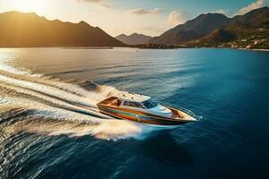 AI generated Aerial view of the speed boat in clear blue water at sunset in summer. Top view from drone of fast floating yacht in mediterranean sea photo