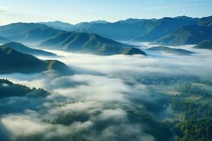 AI generated Amazing aerial view of beautiful low clouds creeping on the tree-covered mountain slopes photo