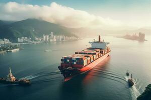 AI generated Aerial top down view of a large container cargo ship in motion over open ocean with copy space photo