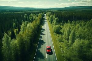 ai generado aéreo ver de un la carretera en el medio de el bosque foto