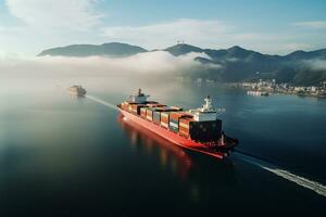 AI generated Aerial top down view of a large container cargo ship in motion over open ocean with copy space photo