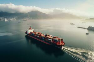 AI generated Aerial top down view of a large container cargo ship in motion over open ocean with copy space photo