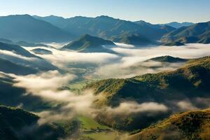 AI generated Amazing aerial view of beautiful low clouds creeping on the tree-covered mountain slopes photo