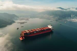 AI generated Aerial top down view of a large container cargo ship in motion over open ocean with copy space photo