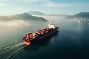 AI generated Aerial top down view of a large container cargo ship in motion over open ocean with copy space photo