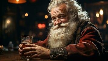 ai generado Papa Noel claus relajante en un bar después el trabajando semana antes de Navidad foto