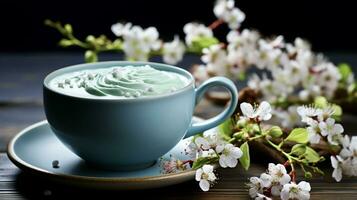 AI Generated In a blue cup close-up of Blue Matcha lie a sprig of jasmine next to it photo