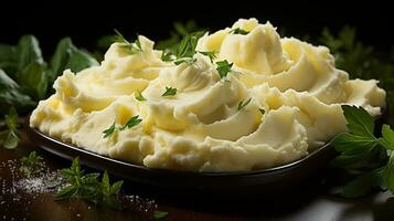 AI Generated Close-up of delicious mashed potatoes on a black plate sprinkled with parsley photo