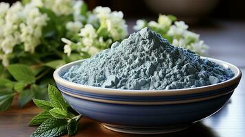 AI Generated Close-up of blue matcha powder sprinkled on a brown table in a blue plate, a sprig of jasmine in the background photo