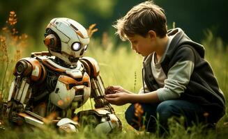 AI Generated Robot and little boy sitting on meadow in grass and looking at a piece of land photo