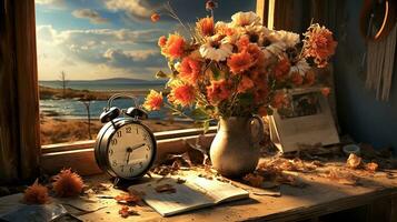 AI Generated On the wooden table there is a clock and a vase with colorful daisies, a notebook and a calendar, through the open window you can see the river bank and the sunset photo