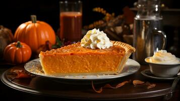 AI Generated Close-up on a white plate, pumpkin pie in the background, small pumpkins, mug with tea and glass with juice photo