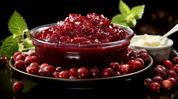 AI Generated Close-up of cranberry sauce in a clear plate and fresh cranberries scattered nearby photo