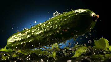 ai generado de cerca de un salado verde Pepino volador y salpicaduras con agua foto