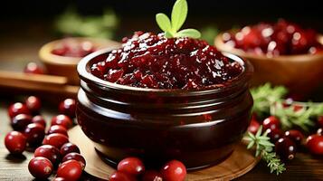 AI Generated Close-up of cranberry sauce in a brown pot on a wooden plate, selective focus photo