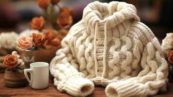 AI Generated Close-up of white knitted sweater sitting at wooden table next to empty white cup and artificial orange roses in pots,conceptual photo, selective focus photo