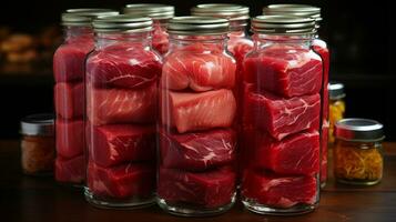 AI Generated Close-up of lab-grown meat pieces sorted into jars photo