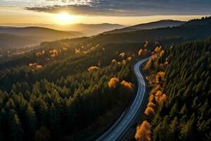 ai generado aéreo ver de montaña la carretera en bosque a puesta de sol en otoño. parte superior ver desde zumbido de la carretera en bosque. hermosa paisaje con calzada en sierras, pino árboles, verde prados foto