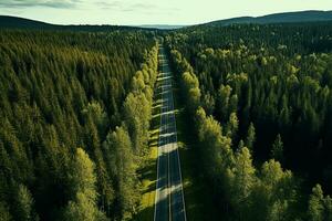 AI generated Aerial view of a road in the middle of the forest photo