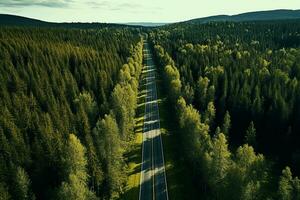 ai generado aéreo ver de un la carretera en el medio de el bosque foto