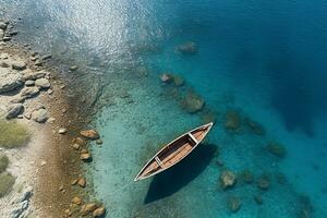 AI generated Aerial drone top down photo of beautiful red wooden traditional fishing boat anchored in crystal clear sea