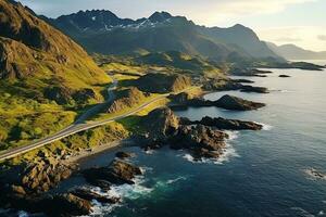 AI generated Aerial view of road, rocky sea coast with waves and stones at sunset Landscape with beautiful road, transparent blue water, rocks. Top view from drone of highway in summer photo