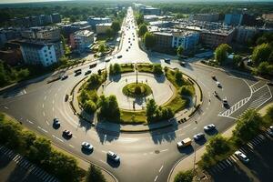 AI generated Aerial top view road roundabout with car lots, Aerial view road traffic in city at night. photo