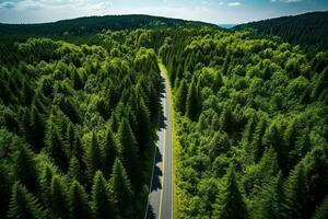 ai generado aéreo ver de un la carretera en el medio de el bosque foto