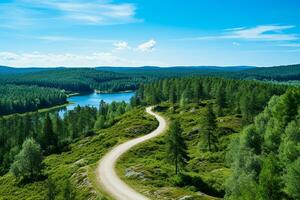 ai generado aéreo ver de un la carretera en el medio de el bosque , la carretera curva construcción arriba a montaña foto