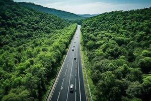 AI generated Aerial view of a road in the middle of the forest photo