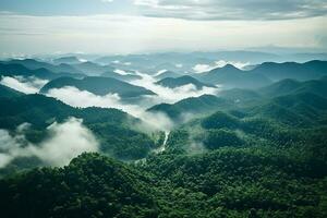 ai generado aéreo ver de oscuro verde bosque con brumoso nubes el Rico natural ecosistema de selva concepto de natural bosque conservación y repoblación forestal. foto