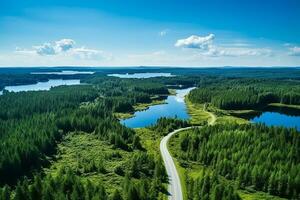 ai generado aéreo ver de un la carretera en el medio de el bosque foto