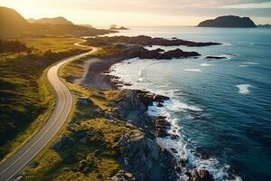 ai generado aéreo ver de camino, rocoso mar costa con olas y piedras a puesta de sol paisaje con hermosa camino, transparente azul agua, rocas parte superior ver desde zumbido de autopista en verano foto