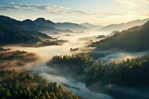 AI generated Amazing aerial view of beautiful low clouds creeping on the tree-covered mountain slopes photo