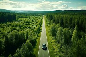 ai generado aéreo ver de un la carretera en el medio de el bosque foto