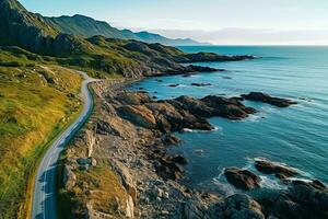 AI generated Aerial view of road, rocky sea coast with waves and stones at sunset Landscape with beautiful road, transparent blue water, rocks. Top view from drone of highway in summer photo