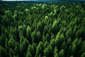 ai generado aéreo ver de oscuro verde bosque con brumoso nubes el Rico natural ecosistema de selva concepto de natural bosque conservación y repoblación forestal. foto