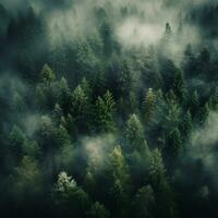 AI generated Aerial view of dark green forest with misty clouds. The rich natural ecosystem of rainforest concept of natural forest conservation and reforestation. photo