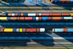 AI generated container ship in import export and business logistic. By crane ,Trade Port , Shipping. Cargo to harbor. Aerial view photo