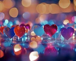 AI Generated red, blue, light blue and purple glass hearts on blurred lights background, background or greeting card for valentine's day or mother's day or birthday photo