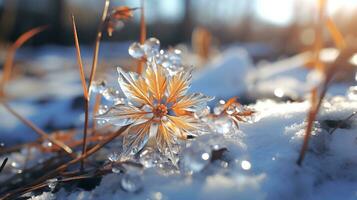 AI Generated Close-up of ice-covered grass in the rays of the rising sun, selective focus, winter background photo