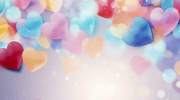 AI Generated watercolor style, Festive multi-colored bokeh and with colorful hearts for Valentine's Day, background with copy space photo