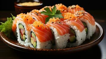 AI Generated Close-up of maki on wooden plate on dark table with red fish, tuna, cucumbers and seaweed salad photo