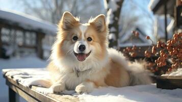 AI Generated funny Corgi breed dog close-up lying on the roof of a dog house outdoors in the rays of the winter sun, selective focus of houses in the background photo