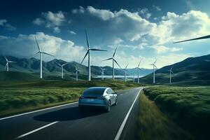 AI generated Electric car drive on the wind turbines background. Car drives along a mountain road. Electric car driving along windmills farm. Alternative energy for cars. Car and wind turbines farm photo