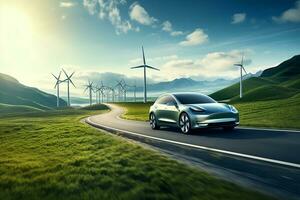 AI generated Electric car drive on the wind turbines background. Car drives along a mountain road. Electric car driving along windmills farm. Alternative energy for cars. Car and wind turbines farm photo