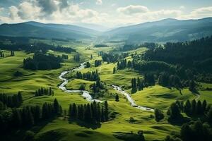 AI generated drone aerial birds eye view of a large green grass forest with tall trees and a big blue bendy river flowing through the forest photo