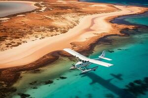 ai generado un hidroavión tomando apagado en azul Oceano playa con azul agua foto