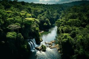 AI generated drone aerial birds eye view of a large green grass forest with tall trees and a big blue bendy river flowing through the forest photo