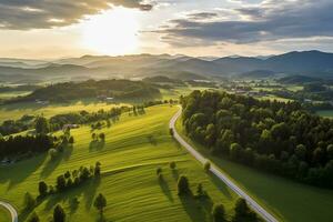 AI generated Aerial view of a road in the middle of the forest photo